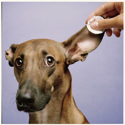 A dog's ear being cleaned with a cotton pad